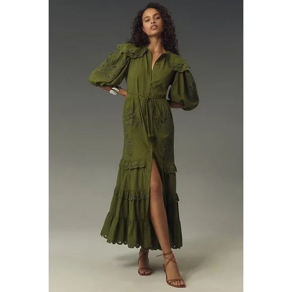 FARM RIO Humming Bird Richelieu Tiered Maxi Dress Size M NWT Green Forest Fairy - Picture 2 of 14